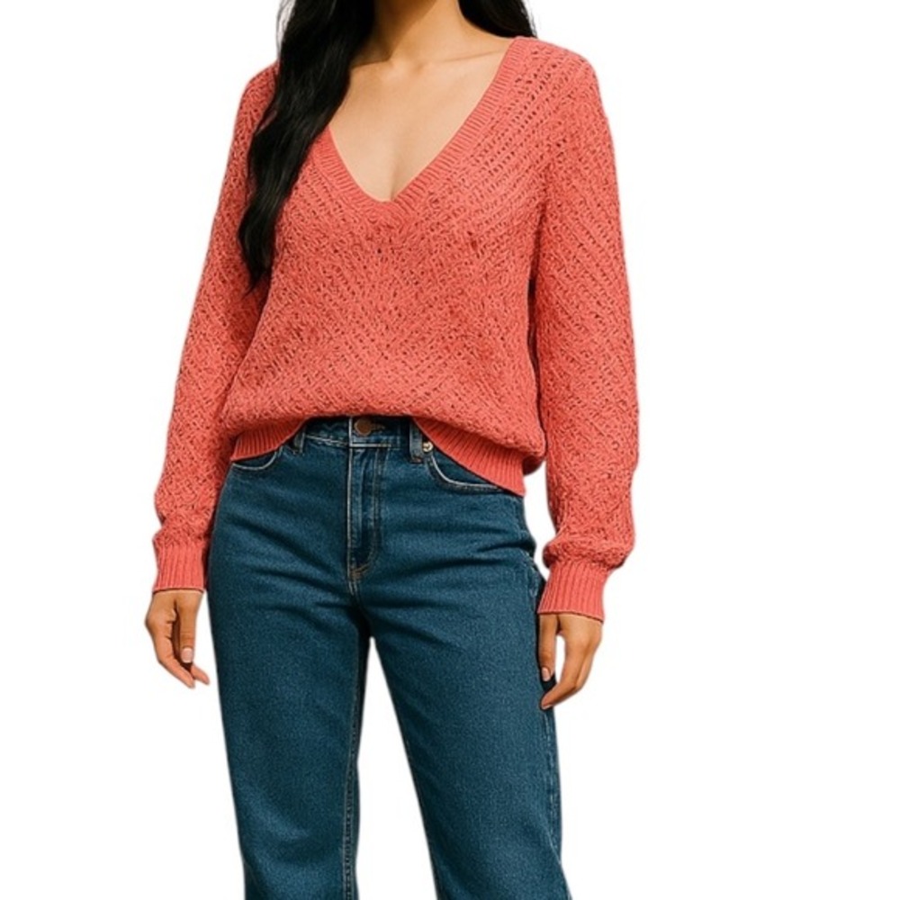 POL Crochet Knit Sweater‎ V Neck Pullover Lightweight Coral Pink Size S
